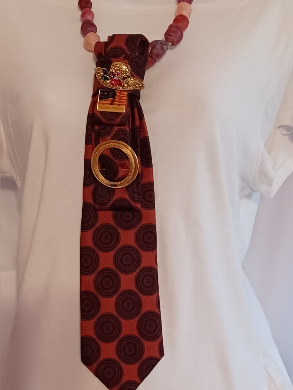 Upcycled Silk Necktie Handcrafted Multicolor Brooch Necklace